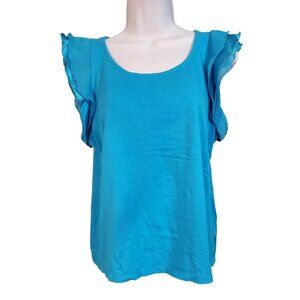 New Directions Ruffle Sleeve Blouse XL Blue Scoop Neck Casual Lightweght Boho